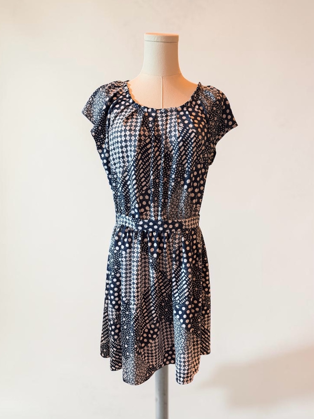 LC Lauren Conrad Navy and White Polka Dot Short Sleeve Belted Mini Dress
